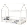 Twin Size House Floor Wooden Bed with Roof Frame,Safety Guardrails,White