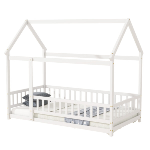 Twin Size House Floor Wooden Bed with Roof Frame,Safety Guardrails,White