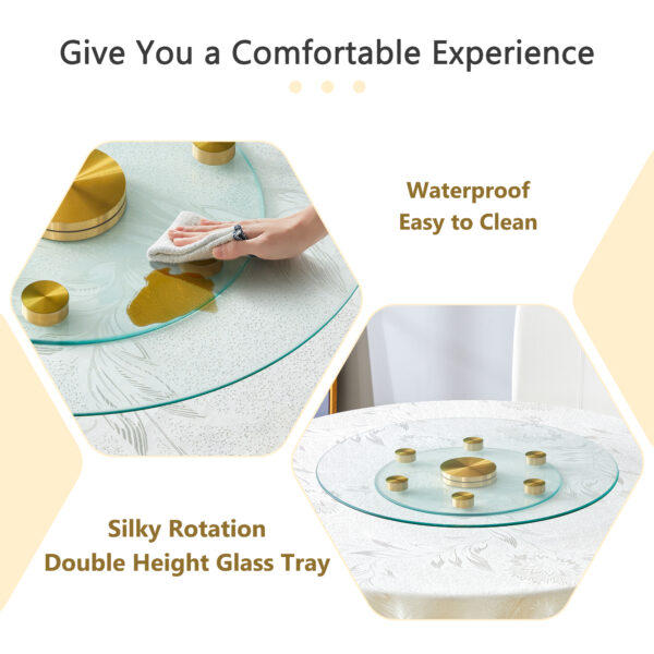a4af68d0dbd04594b27358f1263ba041_6ff985138cdbd674f0206f9e1e13f101 Double layer rotatable round glass.Golden aluminum plate,The rotatable design makes it convenient to retrieve and place items.The upper glass has a diameter of 24 inches, the lower glass15 inches.