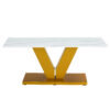 Modern minimalist coffee table. Tempered glass with stickers tabletop,golden MDF pillars. Suitable for living room and dining room