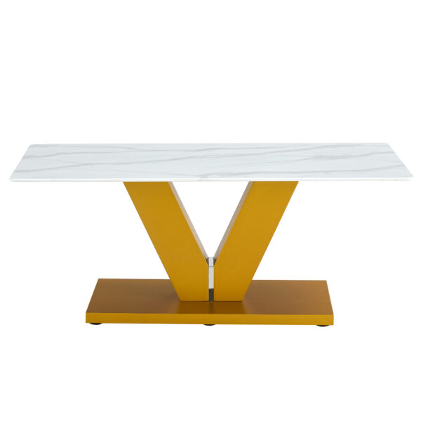 a4b4c7ccaa154a86850e0d99de156626_547c6485b36762f6f6ce2993a5286fe1 Modern minimalist coffee table. Tempered glass with stickers tabletop,golden MDF pillars. Suitable for living room and dining room