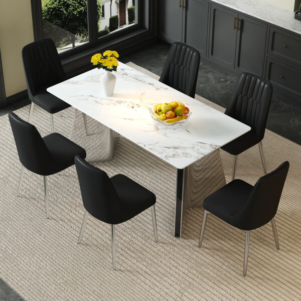 a4b823683446446d802e6a181787cf3d_ba6894a4f1a4c8fd883873a4a55a2249 Table and chair set.63*31.4 Inch Luxurious Cold Jade Sintered Stone Dining Table Set - 6 Black Chairs With Silver Metal Legs.Modern Light Luxury.Perfect For Dinner Room,Meeting Room,Kitchen,etc.