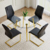 A modern minimalist style round transparent tempered glass table with gold metal legs, paired with 4 modern PU leather high-back dining chairs, bring a luxurious experience.