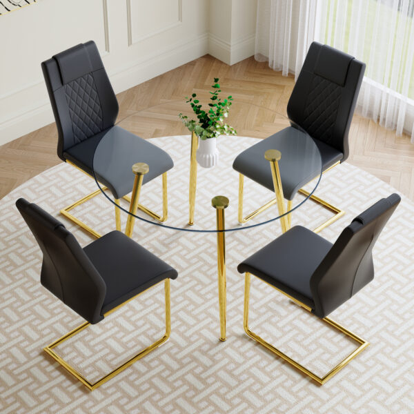 a4d997e477a64221acc07f1a72a478de_205a320b3c5c0bcb6ffb094bbf5cd313 A modern minimalist style round transparent tempered glass table with gold metal legs, paired with 4 modern PU leather high-back dining chairs, bring a luxurious experience.