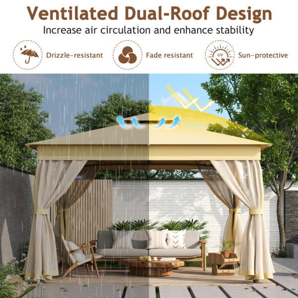TREXM 10x12 Outdoor Gazebo Tent with Double Roofs, Patio Gazebo with Mosquito Netting, Patio Canopy for Backyard, Garden, Lawn and Deck (Beige)