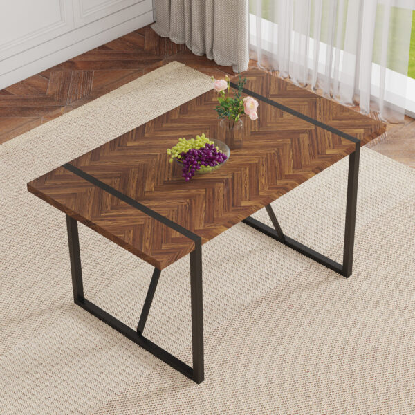 a4e0543a221f4d2b985888f6544577a8_e1df1d1008c92510322dd620fff3cfac A minimalist retro rectangular dining table with a specially textured top and black metal legs.Contemporary Minimalist MDF Dark Wood Textured Tabletop.Able To Give People A Visual Beauty With Rules.