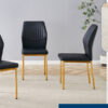Luxury Simple Chair - Set of 6 BLACK PU Material High Resilience Dining Chair with Metal Gold Leg.The Chair Back Has a Vertical Stripe Design With Smooth And Uniform Lines.