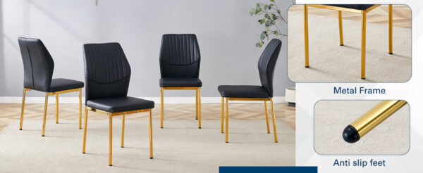 a4eb699e984f46b2ba96b77f812a4051_ed9a80f16c634f0e9e84d1259ca2c0ee Luxury Simple Chair - Set of 6 BLACK PU Material High Resilience Dining Chair with Metal Gold Leg.The Chair Back Has a Vertical Stripe Design With Smooth And Uniform Lines.