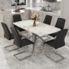 Table and chair set.Modern Luxurious white Marble-Patterned Tempered Glass Dining Table with 6 Chairs.Single fork silver metal table legs.Black high-quality PU dining chairs with silver metal legs.