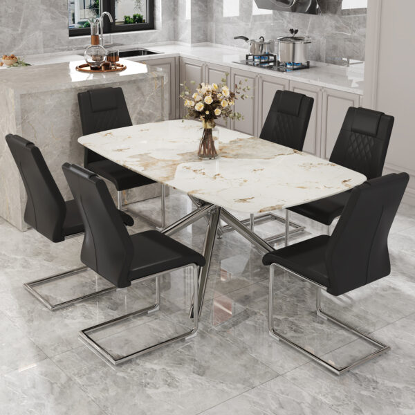 a50b829d3ecf4cfca67c8f612b92de1e_4c19bd2d60518561074e71ad4cea4ec3 Table and chair set.Modern Luxurious white Marble-Patterned Tempered Glass Dining Table with 6 Chairs.Single fork silver metal table legs.Black high-quality PU dining chairs with silver metal legs.