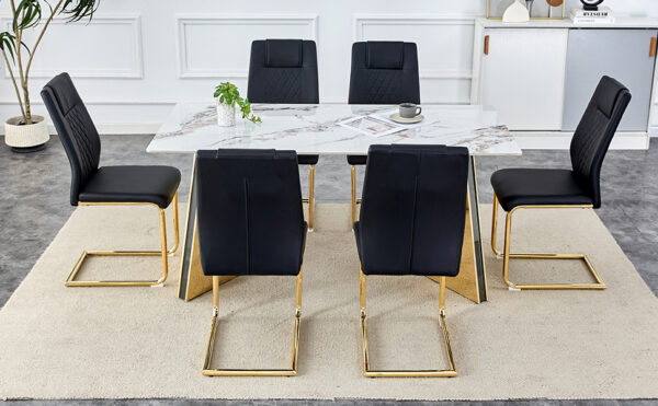 a50bd76d573f42539d3d5d9a55058e73_08d1fc6ae43333e8a25ce83084ff0fd2 Table and chair set.63"x31.5x30" Luxurious Cold Jade Patterned Sintered Stone Dining Table with Golden Stainless Steel Butterfly Legs.Paried With 6 Black High-quality PU Chairs With Arched Metal Legs.