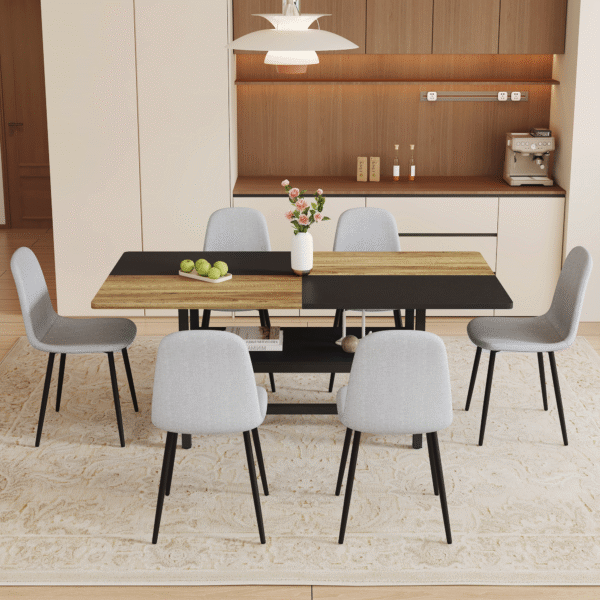 Table and chair set.71*35.4 inch Wooden And Black Spliced Dining Table With Storage Function In The Middle Of The Table Legs.Paired With 6 Light Gray Linen Fabric Chairs.