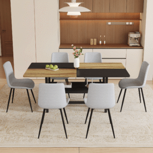 Table and chair set.71*35.4 inch Wooden And Black Spliced Dining Table With Storage Function In The Middle Of The Table Legs.Paired With 6 Light Gray Linen Dining Chairs With Curved Widened Cushion.