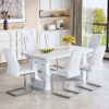 Table and chair set.64.5 x 35.4 Inch Stylish White Marble Textured Dining Table,Perfectly Blending Simplicity And Transparency.Paried With 6 White High-quality PU Chairs With Arched Silver Metal Legs.