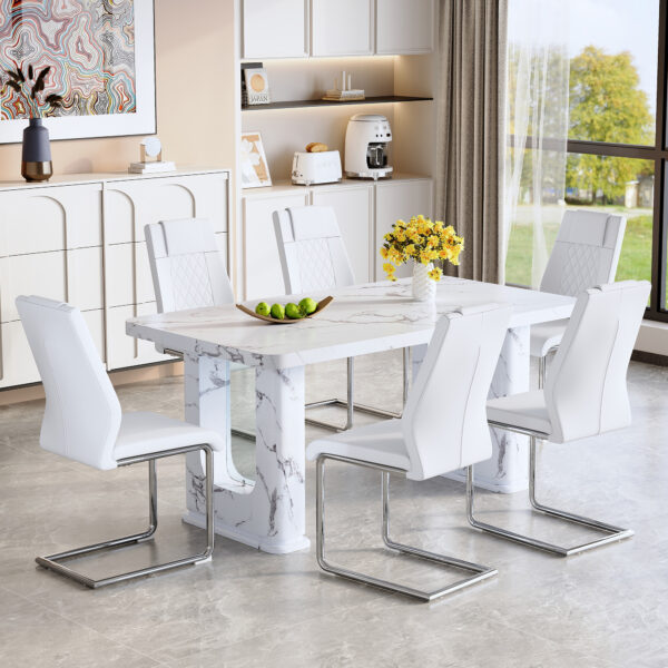a51901de32e04228878d241d5eea4997_d4b2bc1b1564823c54cfcef91710dceb Table and chair set.64.5 x 35.4 Inch Stylish White Marble Textured Dining Table,Perfectly Blending Simplicity And Transparency.Paried With 6 White High-quality PU Chairs With Arched Silver Metal Legs.