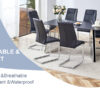 Table and chair set.63"x31.5x30" Black Marble-Patterned Slabs Tabletop with Stainless Steel Butterfly Legs.Paried with 6 Black high-quality PU chairs with silver metal legs.