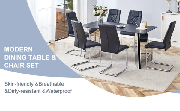 a5192a812346489cb159449c2e45d562_dc0a8923bc42d1c672c552a91c52fa1d Table and chair set.63"x31.5x30" Black Marble-Patterned Slabs Tabletop with Stainless Steel Butterfly Legs.Paried with 6 Black high-quality PU chairs with silver metal legs.