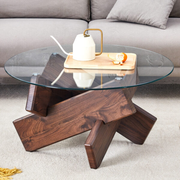 a51ae5d204564b73a8e014d9517fd36c_a3c4d1ee55a3229fb5e4474b3b9d24ae Round glass coffee table, 33.4" modern design unique coffee table. Tempered glass top with Walnut colored texture sticker MDF legs. Suitable for living and dining rooms
