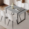 Table and chair set. Modern minimalist grey marble textured MDF dining table with metal frame. Comes with chairs with 4 PU cushions and black metal legs.