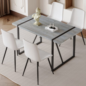 Table and chair set. Modern minimalist grey marble textured MDF dining table with metal frame. Comes with chairs with 4 PU cushions and black metal legs.