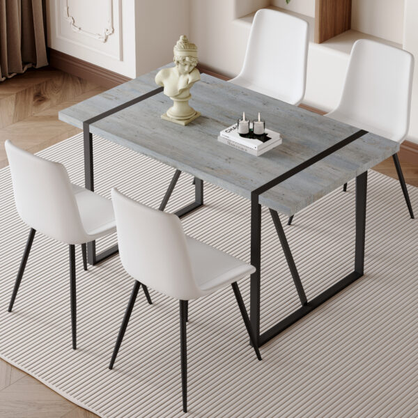 a543c05cce7c4d419ed94151cd310a61_79ee1b81be5bf63b261eed14f4d4c264 Table and chair set. Modern minimalist grey marble textured MDF dining table with metal frame. Comes with chairs with 4 PU cushions and black metal legs.
