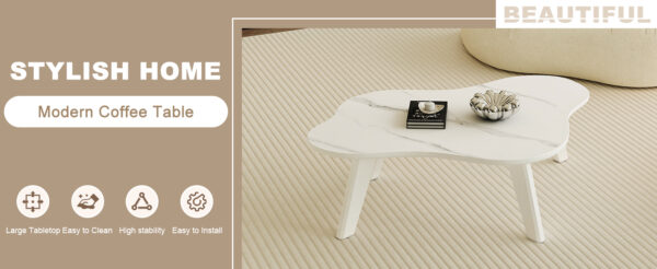 a55c04d130f9494098131cb780d69531_83be9aaf781d2aaafe44ff58770b6fa6 Modern minimalist white imitation marble tabletop coffee table. Solid wood spray painted desk legs, cloud shape to give you a new experience, computer desk. Suitable for dining and living rooms.