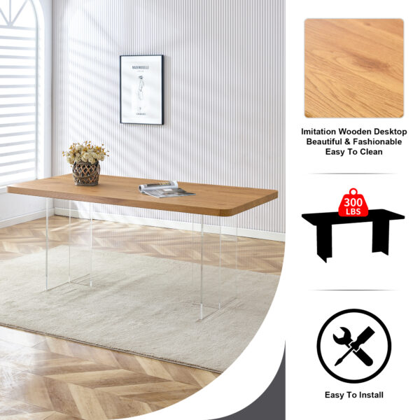 A modern minimalist wooden table with acrylic legs and rectangular tables. Computer desk. Dining table. Suitable for restaurants, living rooms, and kitchens. F-1298