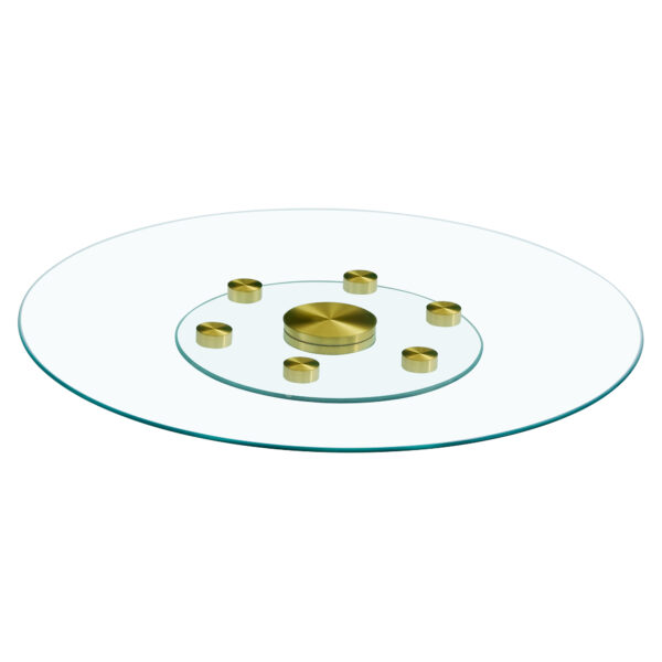 a565df9953ae434f9ccdaad33e7b902a_7d23141ccec3be93ceb3037ae6f96f58 Double layer rotatable round glass.The rotatable design makes it more convenient to retrieve and place items.The upper glass has a diameter of 30.3 inches, while the lower glass15 inches.
