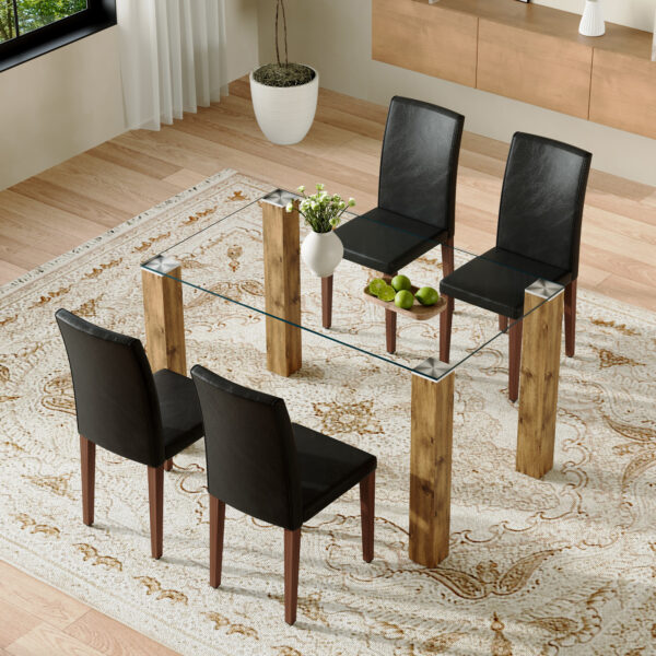 Table and chair set.A 49.6*30 Inch Transparent Tempered Glass Dining Table With Natural Wood Grain MDF Legs.Paired With 4 Black PU High Resilience Dining Chair with Walnut Color Metal Leg.