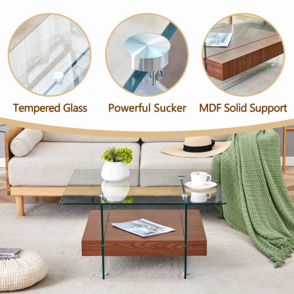 a59411529e604f02971231a54e68fa72_797092b6038eeaa3872c87e64f8a5da8 31.4 Inch Modern Two-Tier Square Coffee Table - An Elegant Combination of Clear Glass and Dark Wood Texture Sticker It can be used not only as a coffee table but also as a side table or display stand.