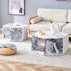 Minimalist white patterns hexagonal Coffee Table Set.Hexagonal MDF coffee table, characteristic pattern stickers, multi-hole design to give more storage space.Two coffee tables of different sizes.