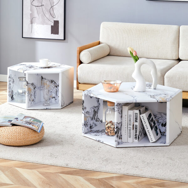 a5b482ef3ac146a38cc9b1b40635a5bb_24d5ee592de448084b6cd2870f5ce0e9 Minimalist white patterns hexagonal Coffee Table Set.Hexagonal MDF coffee table, characteristic pattern stickers, multi-hole design to give more storage space.Two coffee tables of different sizes.