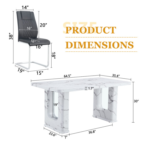 a5dca561542d45c386448b8ada1fd745_45d66b41e6ef2e0953d98fe5b465b1e3 Table and chair set.64.5 x 35.4 Inch Stylish White Marble Textured Dining Table,Perfectly Blending Simplicity And Transparency.Paried With 6 Black High-quality PU Chairs With Silver Arched Metal Legs.