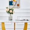 Table and chair set.Luxurious Snow Mountain White Slab Round Dining Table Set - 47"x47" with 4 Black PU Chairs with Simple Line Designs On The Backrest .Golden Metal Legs.
