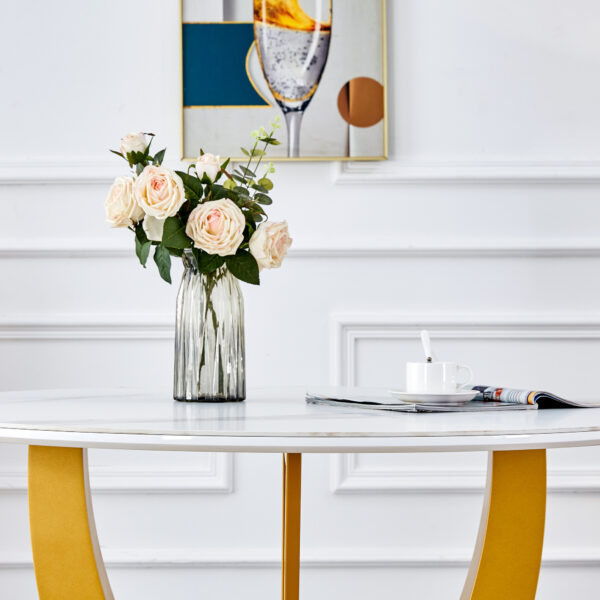 a5f83eac872e48149cd63f144aec9048_9fcf2f0eaba166d7563ffd05fd35ffbc Table and chair set.Luxurious Snow Mountain White Slab Round Dining Table Set - 47"x47" with 4 Black PU Chairs with Simple Line Designs On The Backrest .Golden Metal Legs.