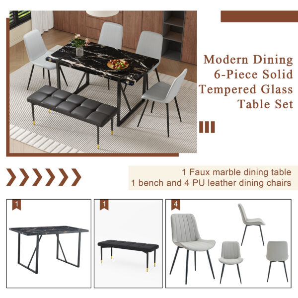a60fccbbc1d849a798cd70606f36d3ea_b2ca279624df757083667d5a390bd548 Table and chair set.Modern Black Marble Pattern MDF Dining Table Set - 55"x31.4" with 4 Extended Seat Cushion PU Dining Chairs and 1 Bench,A Choice of Subtle Luxury for Modern Homes.