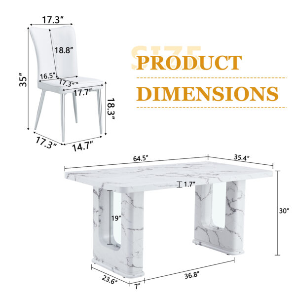a6168050ce68487d87d61246cf621a8f_ae29dad64f6166ea0da276d832752399 Table and chair set.64.5x35.4 Inch Stylish White Marble Textured Dining Table.Paried With 4 White PU Chairs with a vertical stripe design on the backrest.Create Your Exclusive Low-Key Luxury Space.