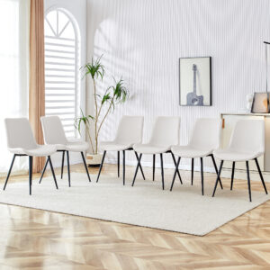 White artificial leather backrest cushion dining chair, black metal legs, curved widened cushion design for more comfort, suitable for restaurants, kitchens, bedrooms, offices.(6 chairs) 0502