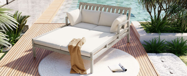 TREXM Outdoor Daybed, Patio Daybed with Four Pillows, Wooden Outdoor Bed with Curved Armrests for Poolside, Backyard, Garden (Gray+Beige Cushion)