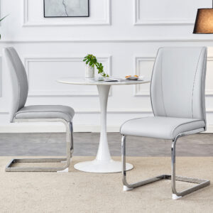 Luxury Simple Arch Chair - Set of 2 Light Gray PU Material High Resilience Dining Chair with Arched Metal Silver Leg.