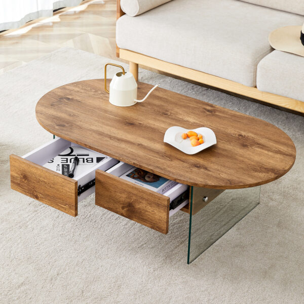 a63451555b4b4873a17918ca1732d205_1a480562bfd0012713307e3e5f7c2af9 Coffee table with double drawers. The board surface is MDF sticker, and both sides are transparent tempered glass. The design is simple and elegant, with excellent storage functions.