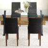 Table and chair set.79"x31.5" Inch Tempered Glass Tabletop With X-shaped Black Metal Table Legs,Wood Grain Textured MDF Crossbeam.Paired With 6 Black PU Dining Chairs with Walnut Color Metal Leg.