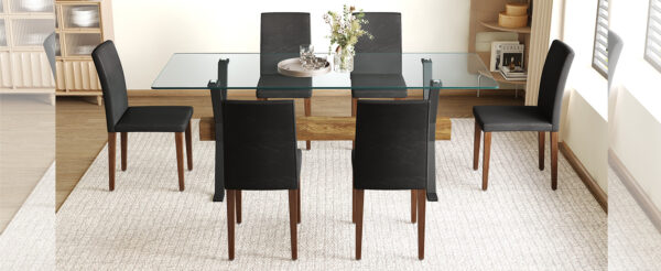 Table and chair set.79"x31.5" Inch Tempered Glass Tabletop With X-shaped Black Metal Table Legs,Wood Grain Textured MDF Crossbeam.Paired With 6 Black PU Dining Chairs with Walnut Color Metal Leg.