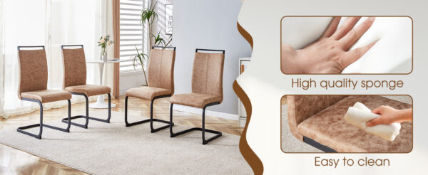 Table and chair set.A retro rectangular dining table with fishbone patterned MDF desktop and black metal legs.Paired With 6 Brown technology fabric chairs with Featuring arched black legs.