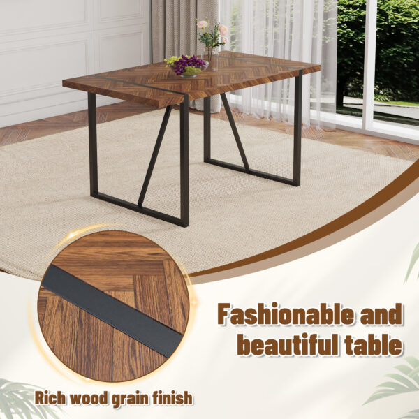 Table and chair set.A retro rectangular dining table with fishbone patterned MDF desktop and black metal legs.Paired With 4 Brown technology fabric chairs with Featuring arched black legs.