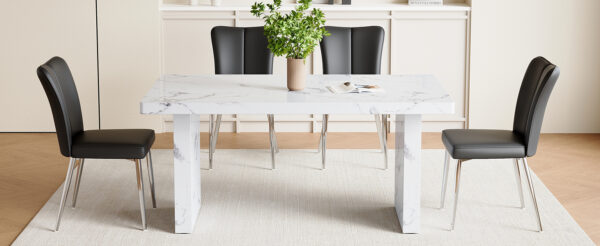 a66da70693d5410c960e4b0fd52a842a_018466e9de7c62d995f3bc98d363f7d2 Table and chair set.63"*35.4" White Imitation Marble Pattern MDF Dining Table Set - 4 Black PU Chairs with a vertical stripe design on the backrest.Create Your Exclusive Low-Key Luxury Space.