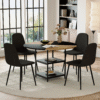 Table and chair set. A 47.3-inch diameter modern spliced color circular dining table - double-layer storage.Paired With 4 Black Linen-Cotton Material High Resilience Dining Chair with Metal Black Leg.