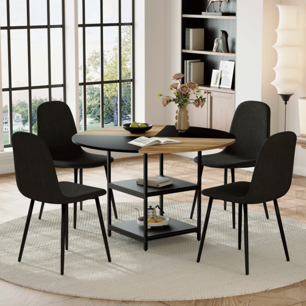 a66f4894250c4e8eb3ada895680cc91b_7cde6b19efe8966d3ce1307d10ef090a Table and chair set. A 47.3-inch diameter modern spliced color circular dining table - double-layer storage.Paired With 4 Black Linen-Cotton Material High Resilience Dining Chair with Metal Black Leg.