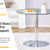A 35-inch diameter glass top and a modern, minimalist round dining table with silver metal legs. Ideal for dining rooms, living rooms and meeting rooms.