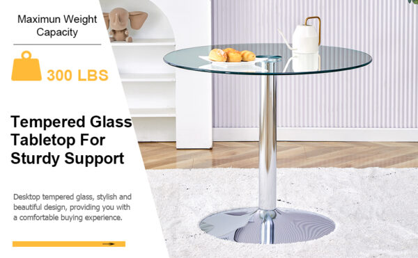 a67133a223404ba983ebd69859e0345e_20240320_bc95320355827bf01aa628b3563de507 A 35-inch diameter glass top and a modern, minimalist round dining table with silver metal legs. Ideal for dining rooms, living rooms and meeting rooms.